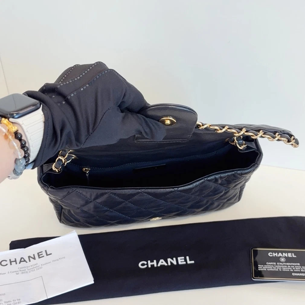 Chanel Classic Flap Jumbo Calfskin Chain Shoulder Crossbody Black Gold Women
