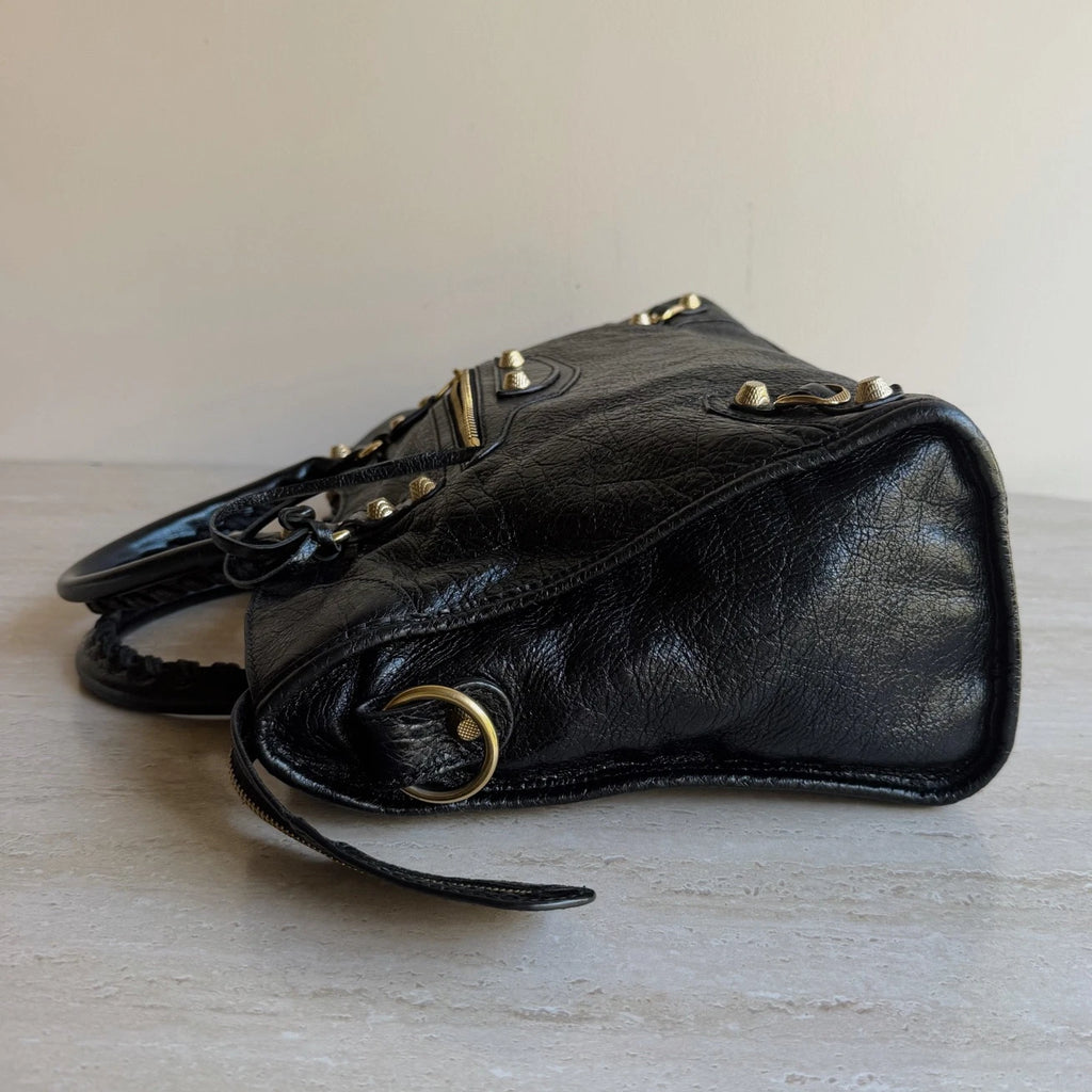Balenciaga City MM Black 2Way Handbag Crossbody Gold Hardware