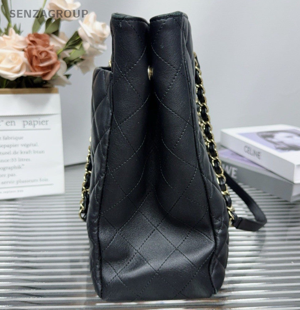 Chanel GST Calfskin Tote Chain Shoulder Bag Black Gold Women Classic Diamond