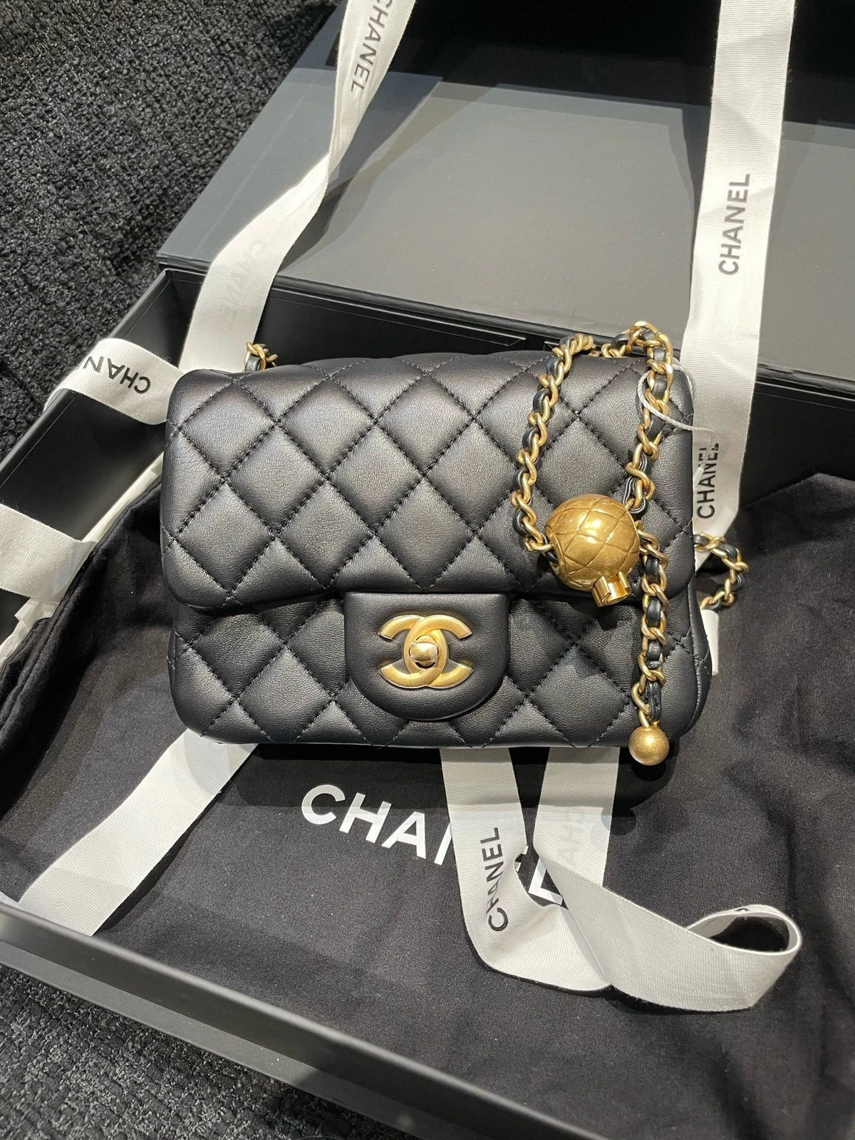CHANEL New Leather Black Gold Square Mini Crossbody Bag For Women