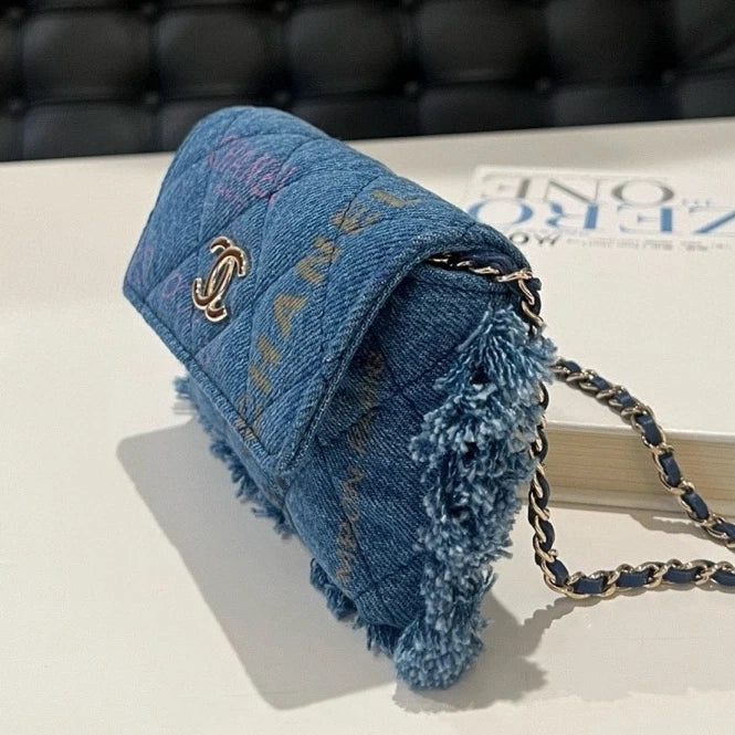 CHANEL Denim Fringe Trim Flap Shoulder Crossbody Bag