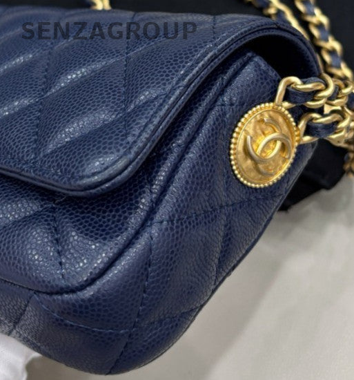 Chanel WOC Gold Coin Chain Shoulder Bag Crossbody Blue Used Women Classic