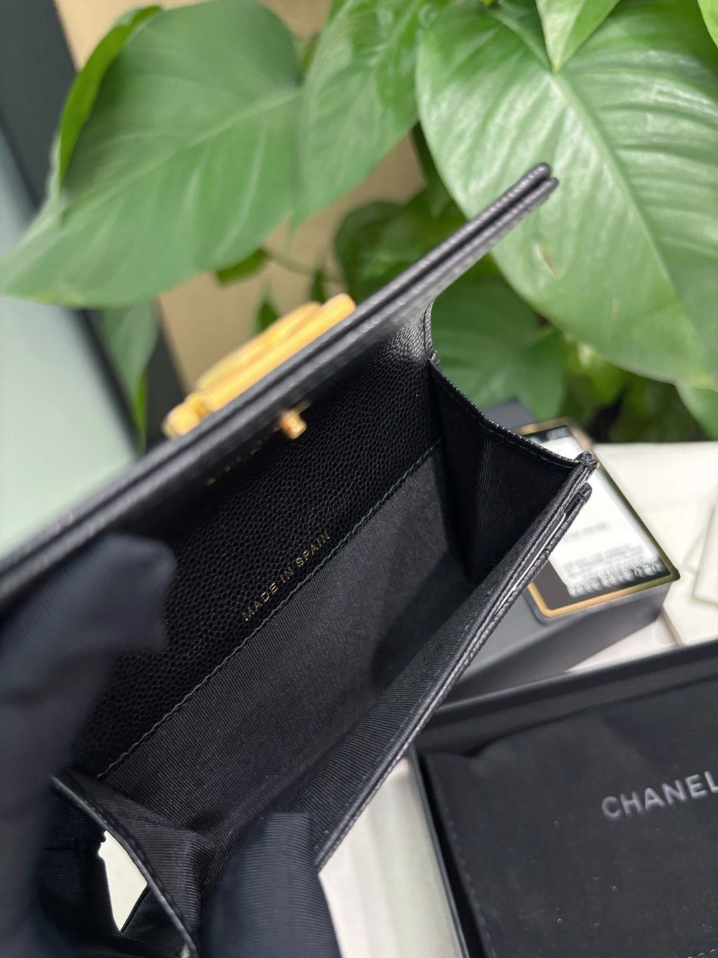 Chanel Leboy Calfskin Diamond Wallet Black Gold Used Women Classic