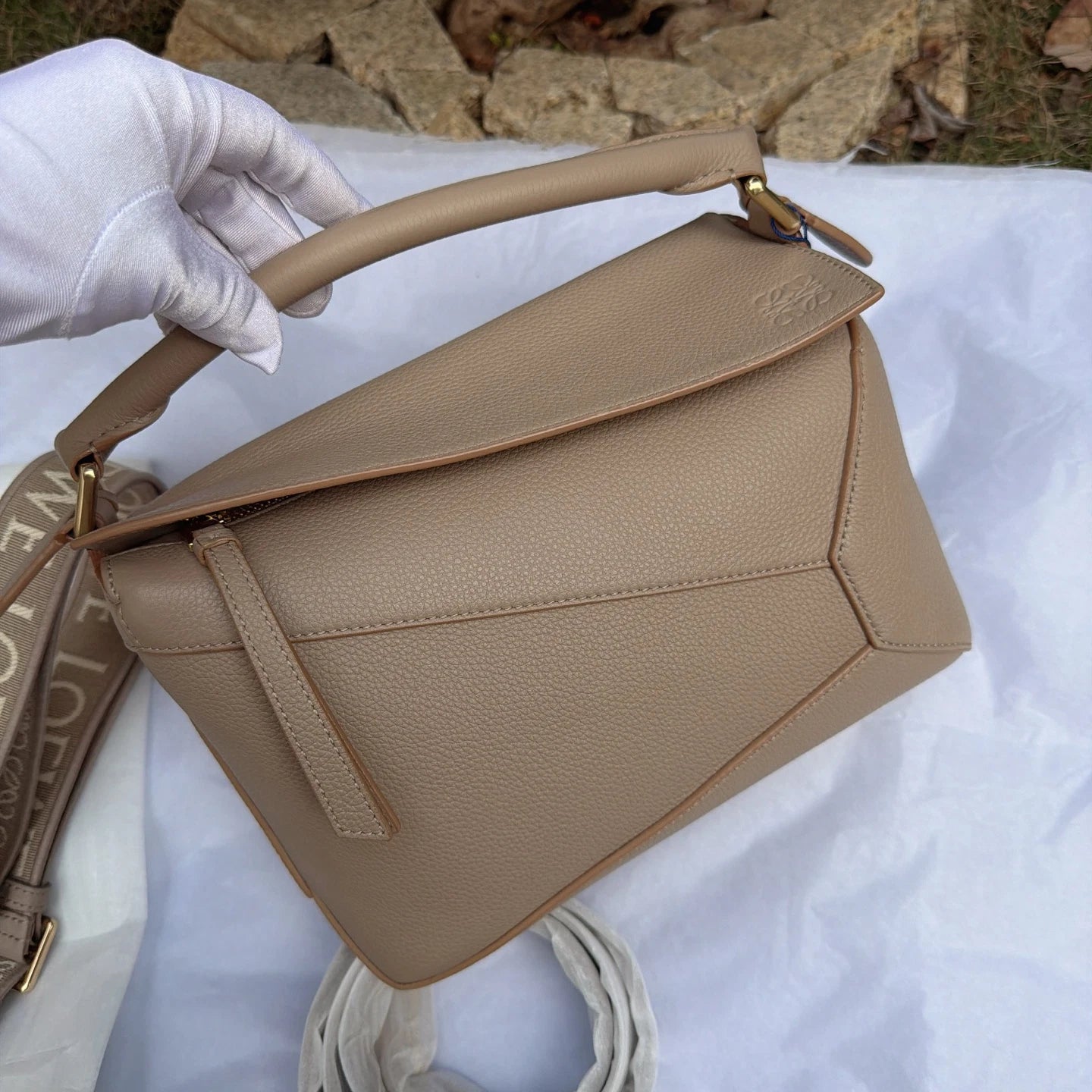 Loewe Puzzle PM Top Handle Shoulder Crossbody Gray Gold Used Women Classic