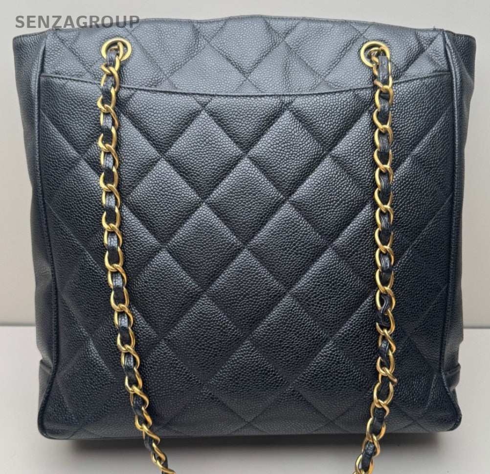 Chanel Vintage Music Score Litchi Peel Shoulder Crossbody Tote Black Women
