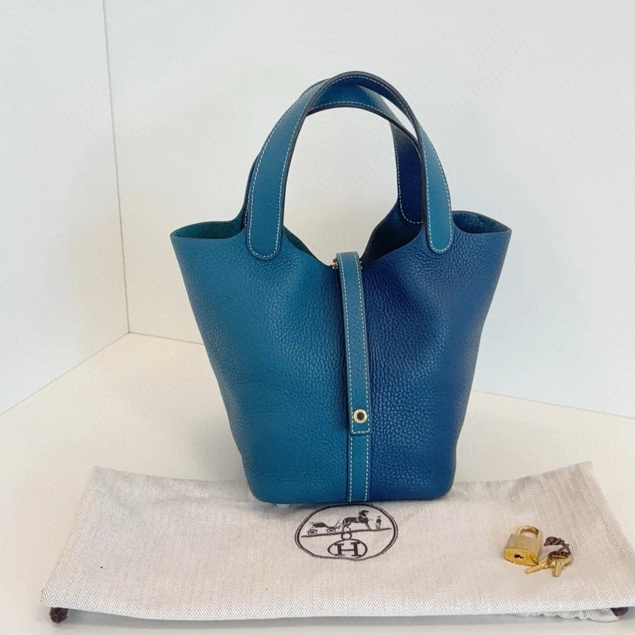 Hermes Picotin18 Top Handle Shoulder Bag Blue Gold Women Fashion