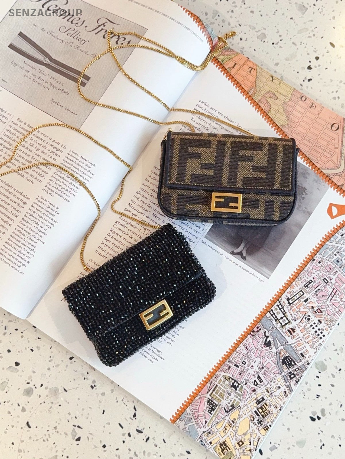 Fendi nano baguette Black beaded string Purse Chain Shoulder bag Crossbody
