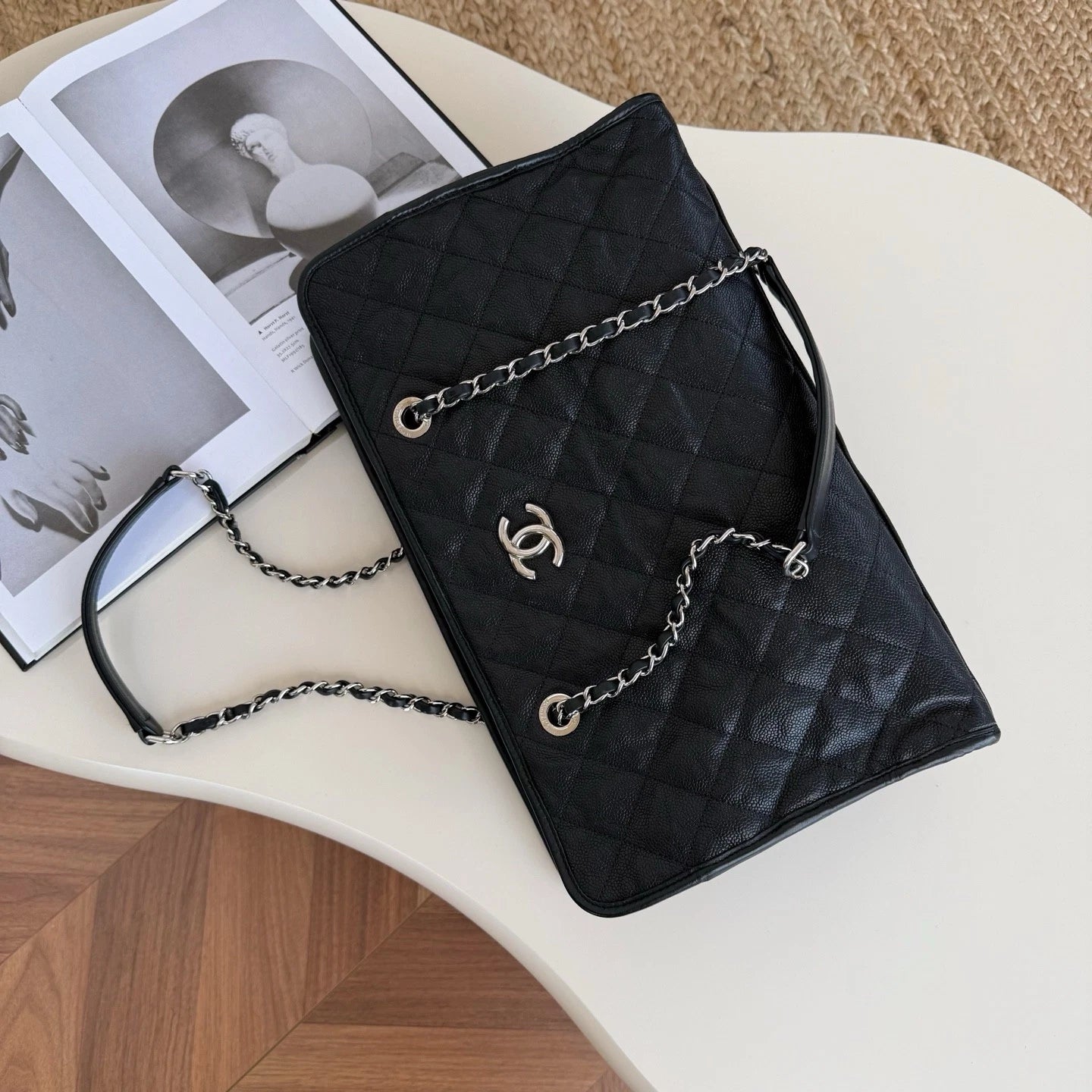 Chanel Calfskin Tote Chain Shoulder Bag Black Silver Diamond Women Classic