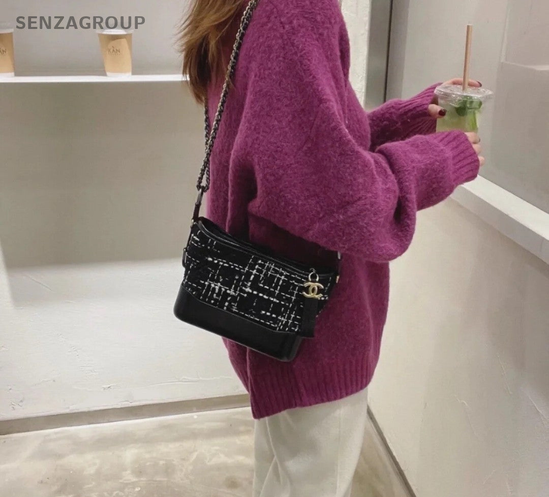 CHANEL Gabrielle PM wool fabric Chain Shoulder bag Crossbody Women Black White
