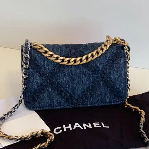 Excellent Chanel 19Bag WOC Mini Blue Denim Chain Top Handle Crossbody Bag GHW