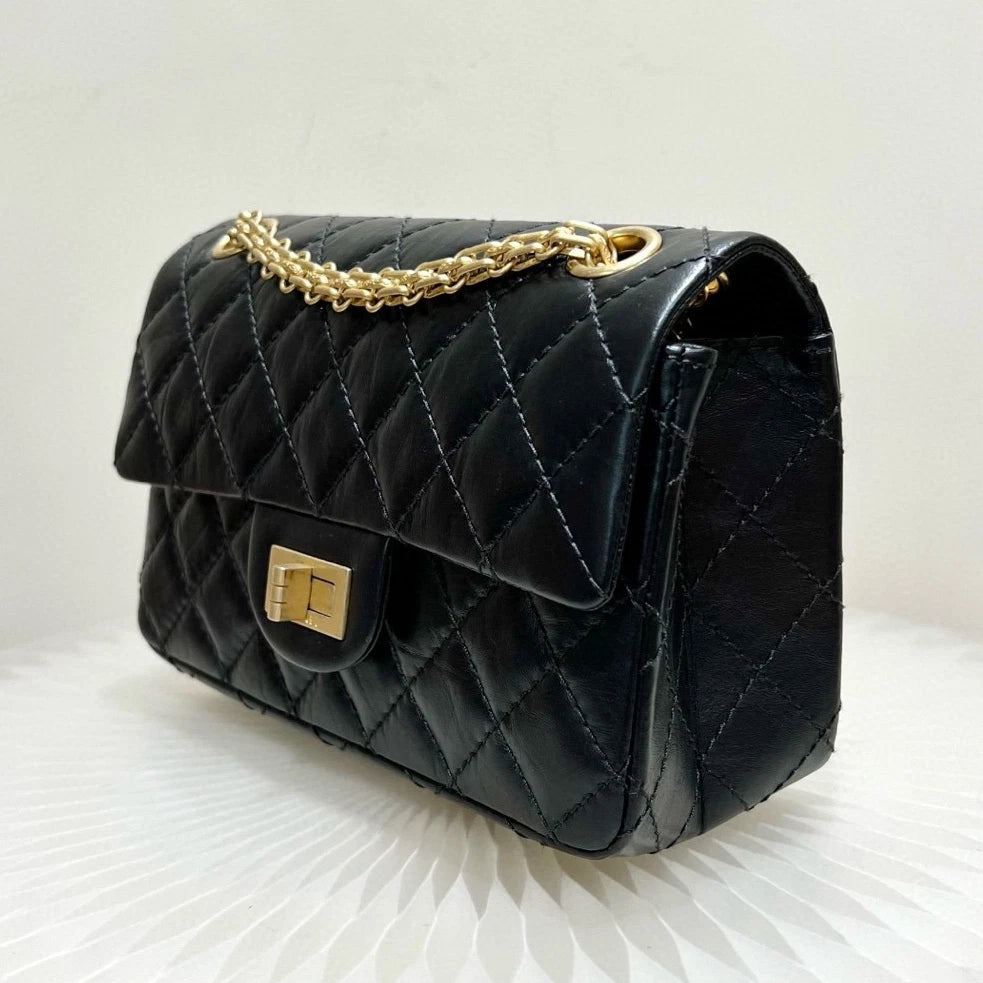 Chanel 2.55 Mini Calfskin Chain Shoulder Bag Crossbody Black Gold Women Classic