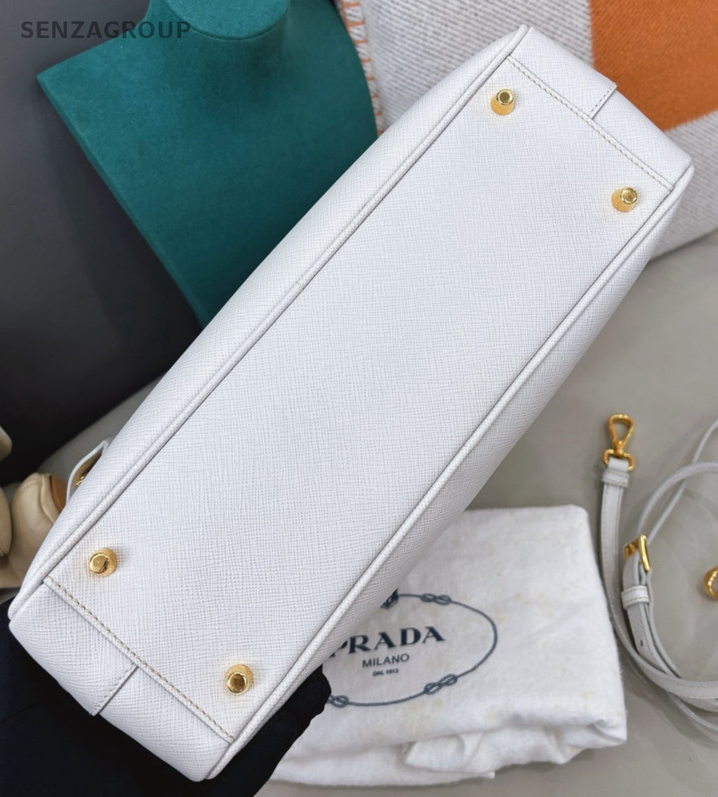 Prada Plum30 Calfskin Top Handle Bag Crossbody White Gold Women Classic
