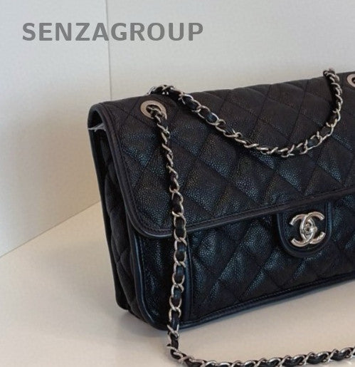 Chanel Classic Flap Calfskin Chain Shoulder Bag Black Silver Women Designer