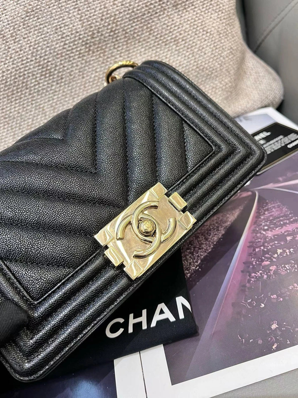 Chanel Leboy PM Calfskin Chain Shoulder Crossbody Black Gold Chevron Women