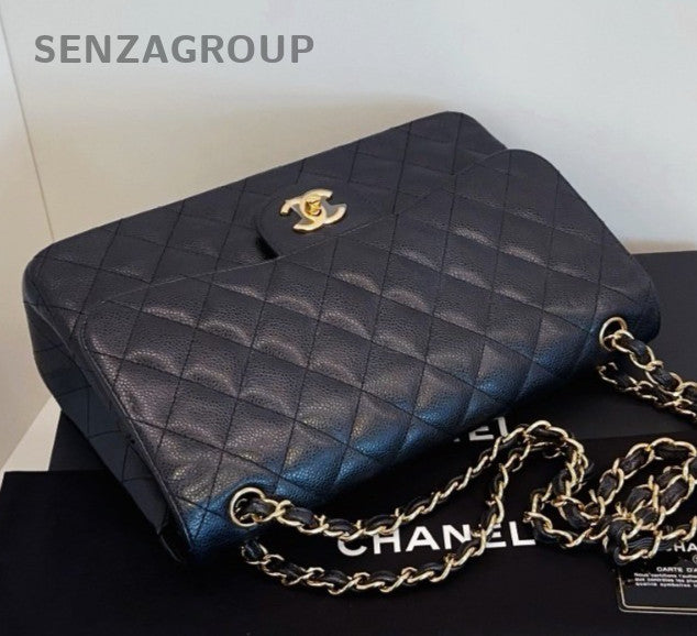 Chanel Classic Flap Jumbo Chain Shoulder Bag Black Gold Diamond Women Fashion