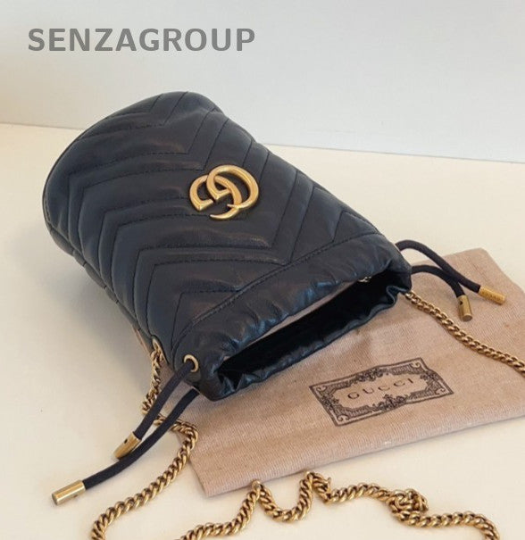 GUCCI GG Marmont mini Bucket Drawstring Chain Shoulder bag Crossbody Women Black