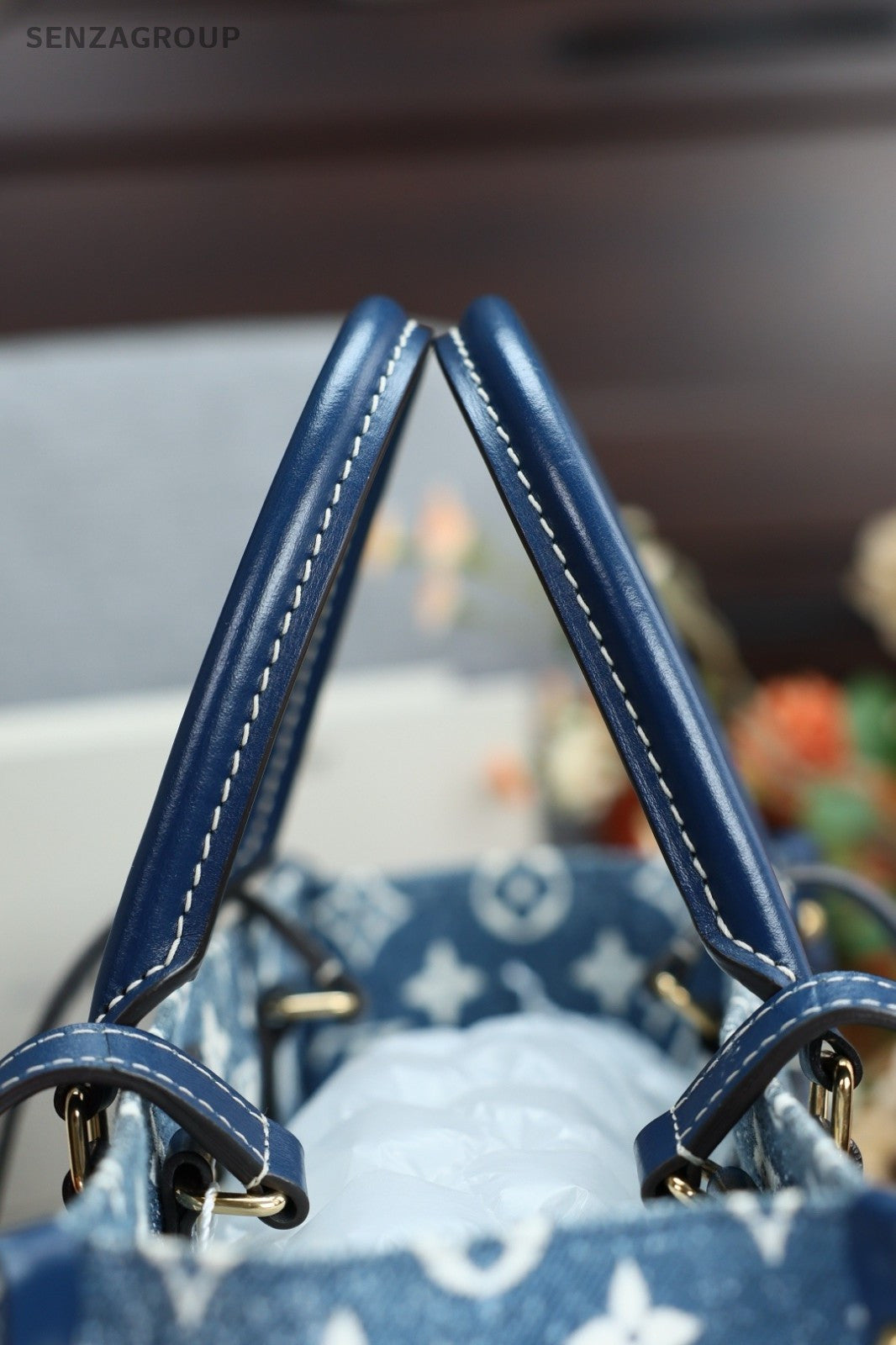 Louis Vuitton Onthego MM Denim Canvas Top Handle Shoulder Bag Women Blue