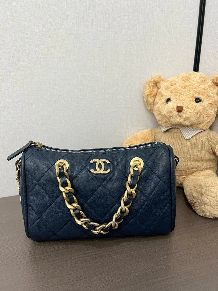 CHANEL 21B Blue Bowling Boston Handbag Shoulder Bag For Women
