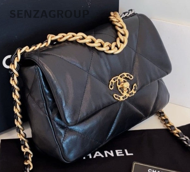Chanel 19Bag PM Chain Shoulder Bag Crossbody Black Gold Women Classic Diamond