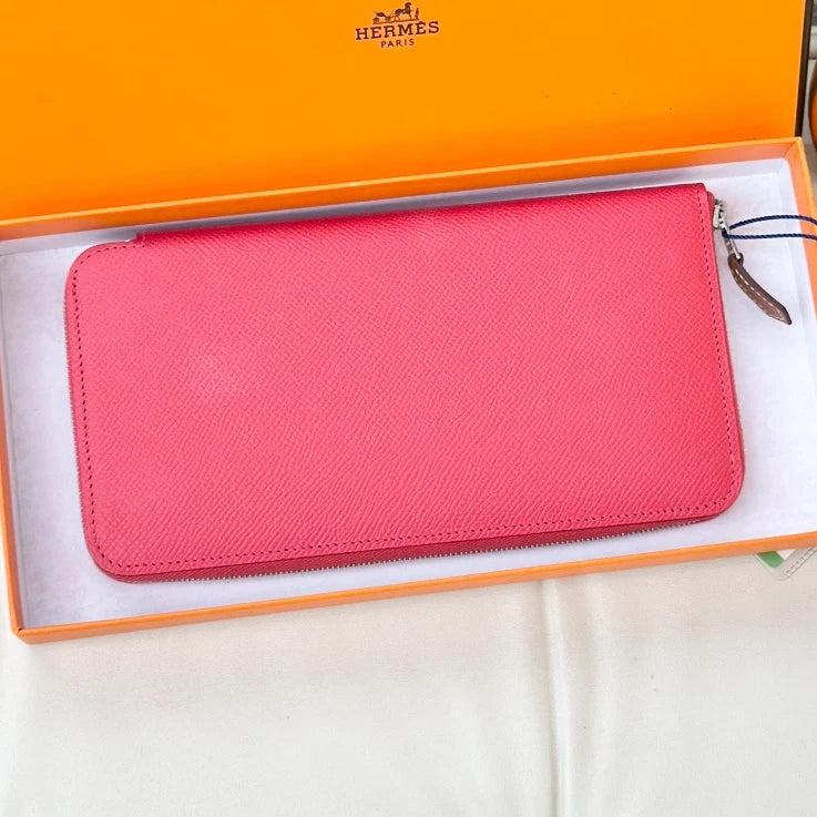 Hermes Calfskin Long Wallet Red Silver Hardware Women Classic S