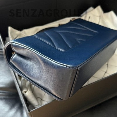 Chanel Classic Flap Blue Gold Chevron Chain Shoulder Bag