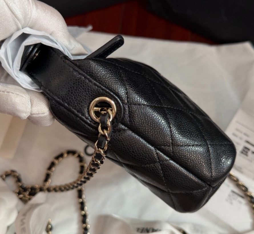 Chanel Calfskin Hobo Chain Crossbody Top Handle Bag Black Gold Women Classic