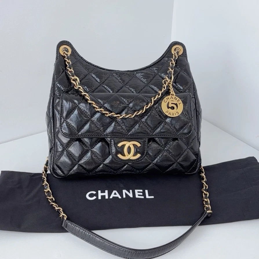 Chip Version Chanel Hobo MM Diamond Gold Chain Black Shoulder Bag Crossbody