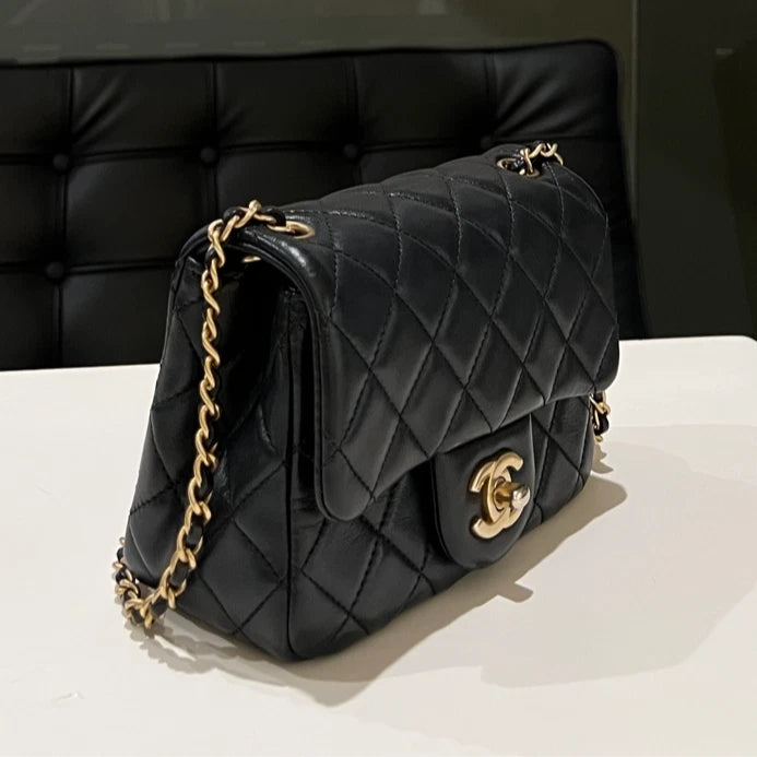 CHANEL Black Lambskin Gold Ball Mini Square Crossbody Bag For Women