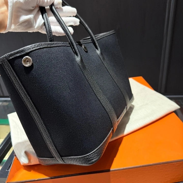 Hermes Garden Party 30 Tote Shoulder Bag Black Gold Women Fashion D