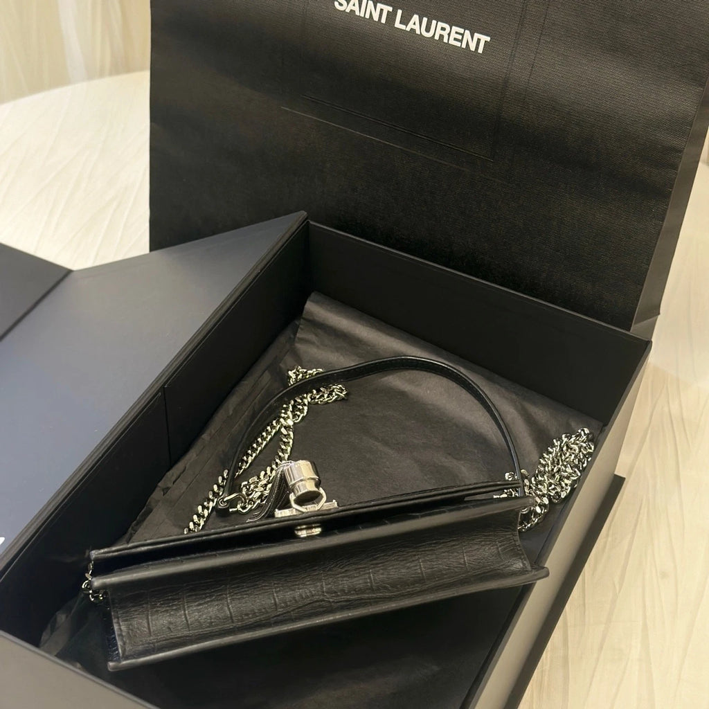 YSL Mini Croc Embossed Black Silver Chain Shoulder Bag For Women