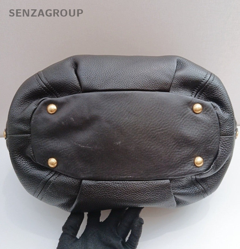 Prada Calfskin 2Way Handbag Crossbody Black Gold Women Classic Fashion