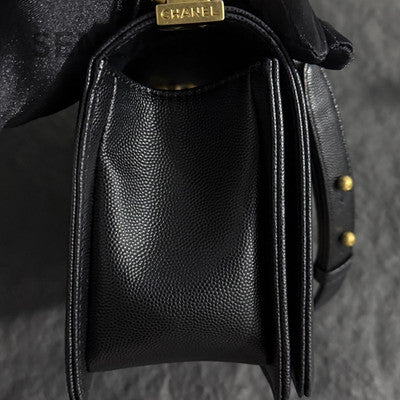 Chanel Le Boy Medium Black Gold Caviar Quilted Chain Shoulder Bag