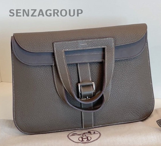 Hermes Halzan Top Handle Bag Crossbody Gray Silver Women Classic