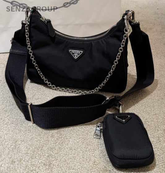 Prada Nylon Hobo Shoulder Bag Crossbody Black Silver Women Classic