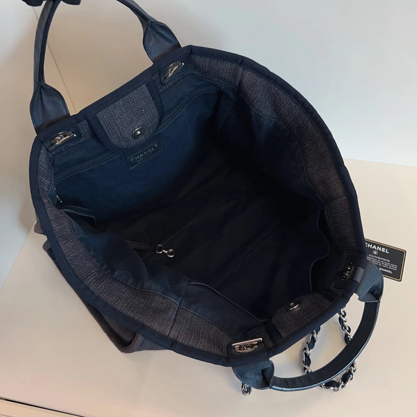 Chanel Canvas Calfskin Beach Bag Chain Top Handle Shoulder Blue Silver Women