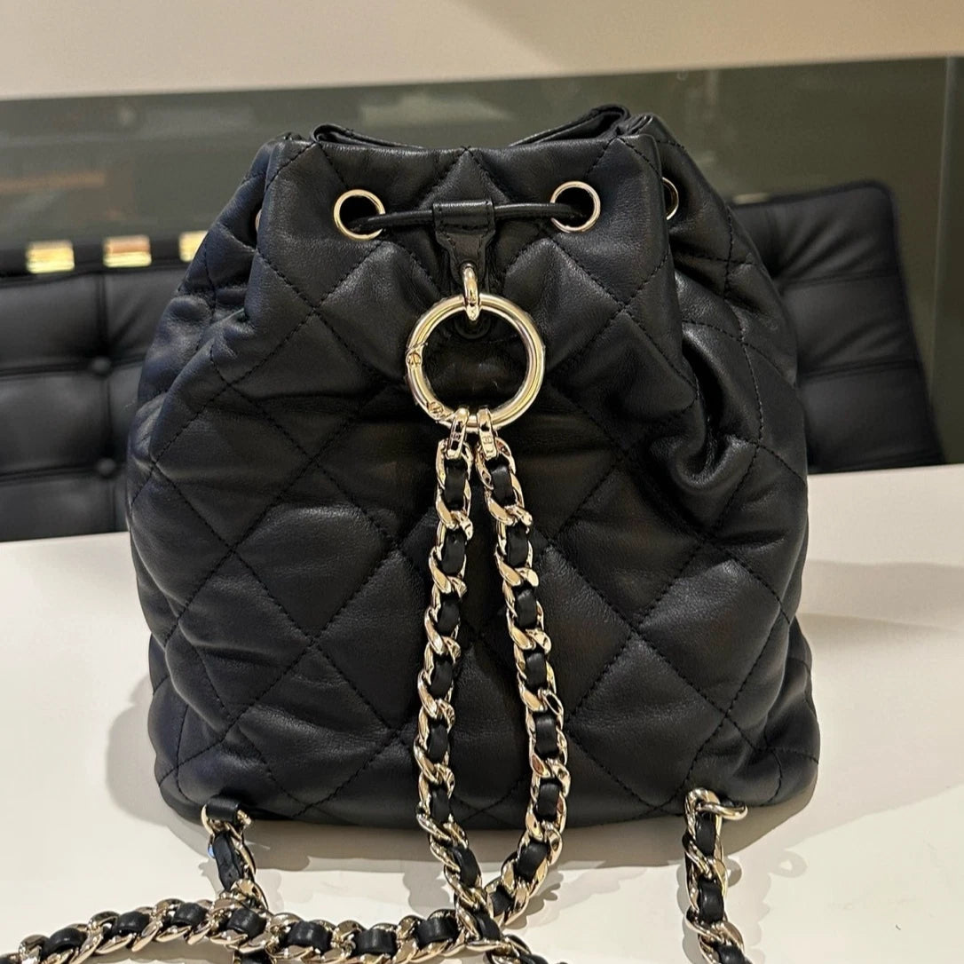 Chanel Quilted Chain Backpack Black Gold Classic Women's Bag