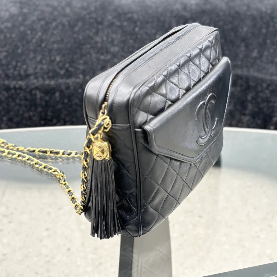 Chanel Vintage Tassel Lambskin Chain Shoulder Crossbody Bag Black Gold Women S