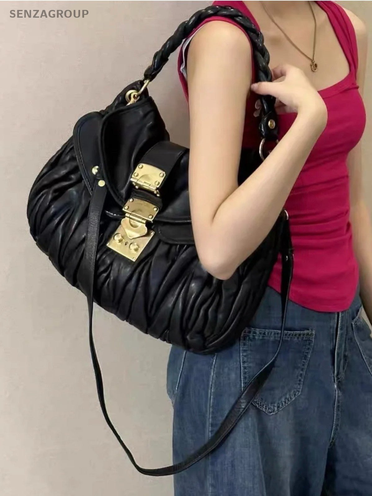 Miumiu Hobo Wrinkled skin 2WAY Shoulder Handbag Black Gold Women