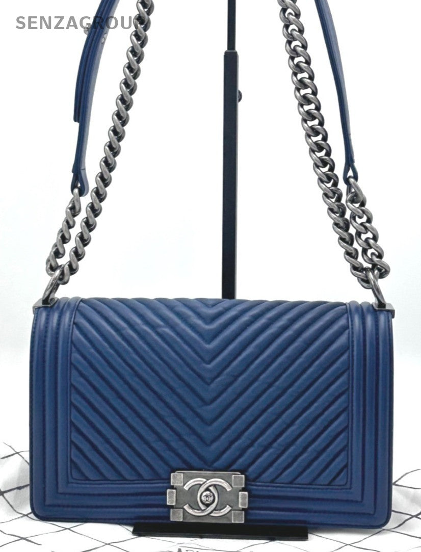 Chanel Leboy MM V Pattern Chain Shoulder Bag Crossbody Blue Silver Women Classic