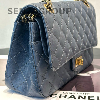 Chanel 2.55 Medium Blue Gold Chain Shoulder Bag Calfskin Classic Quilted