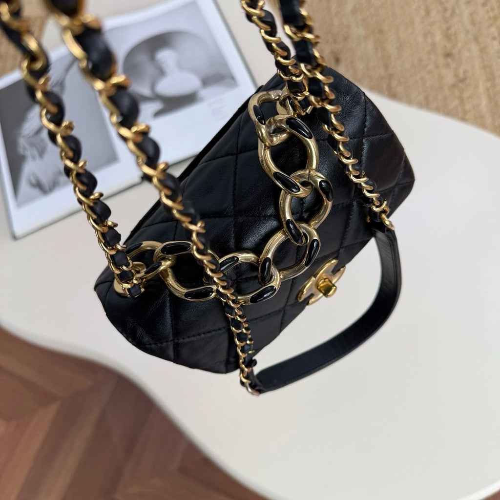 Chanel Diamond Mini Chain Shoulder Bag Crossbody Black Gold Women Classic