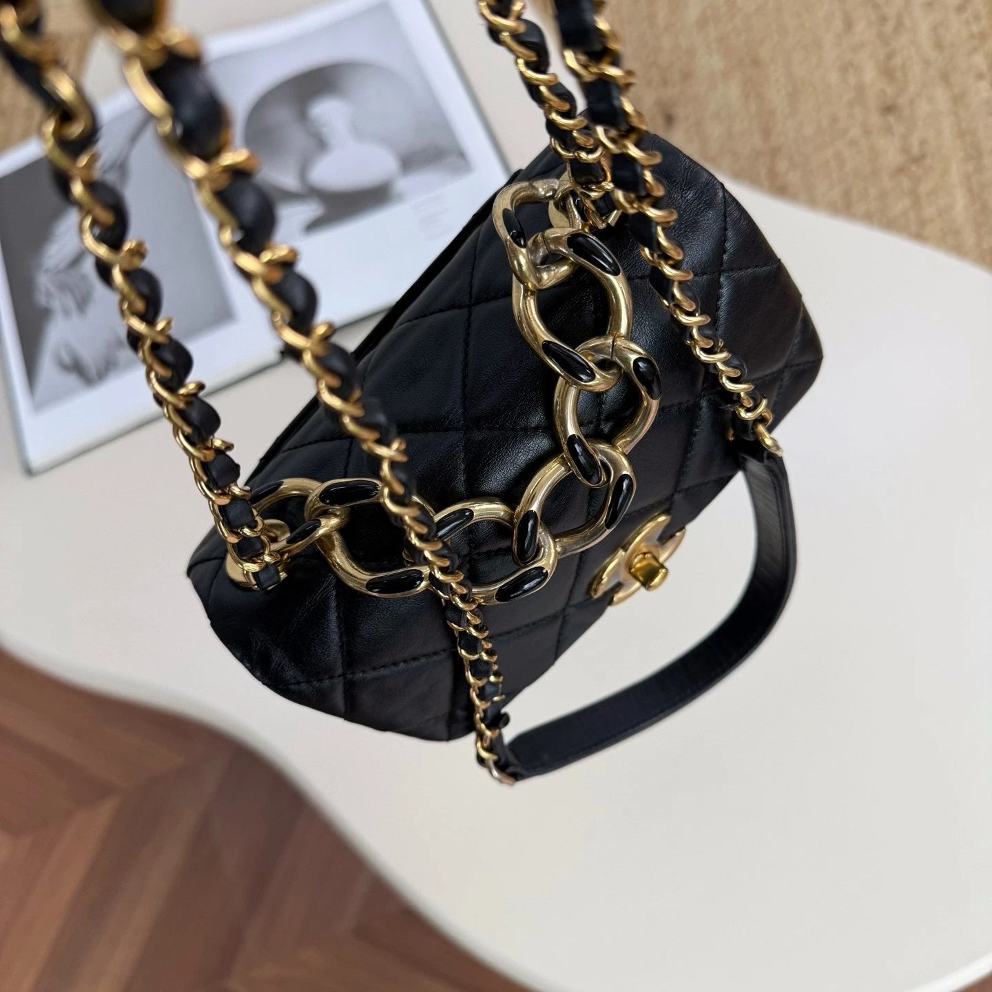 Chanel Diamond Mini Chain Shoulder Bag Crossbody Black Gold Women Classic