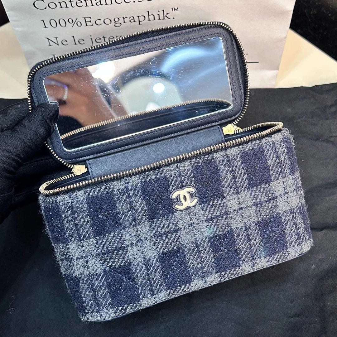 Chip Version Chanel Tweed Long Box Gold Chain Navy Shoulder bag Crossbody