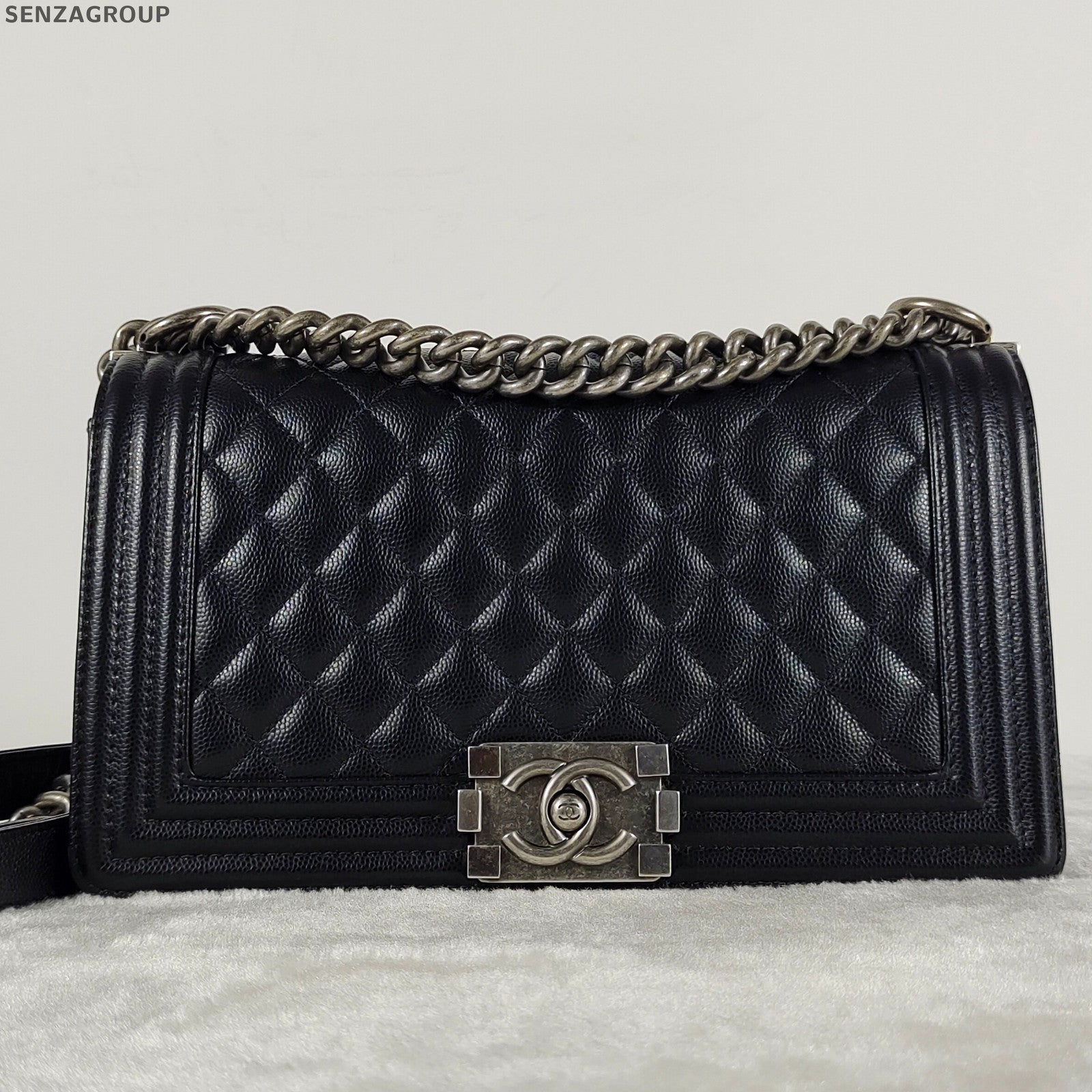Chanel Le Boy Medium Black Silver Chain Shoulder Bag Quilted Classic