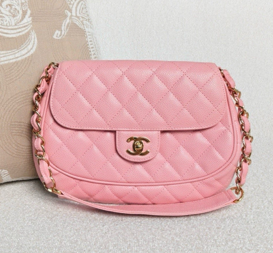 Chanel Diamond Chain Shoulder Bag Pink Gold Used Women Classic Vintage