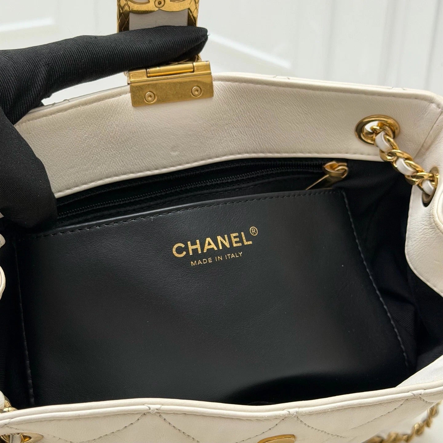 Chanel Quilted Lambskin Small Bucket Bag Shoulder Bag White with Enamel CC Logo