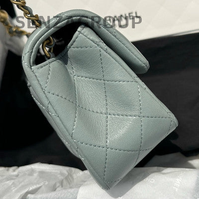 Chanel Classic Flap Mini Bag Grey Green Gold Hardware Crossbody Shoulder