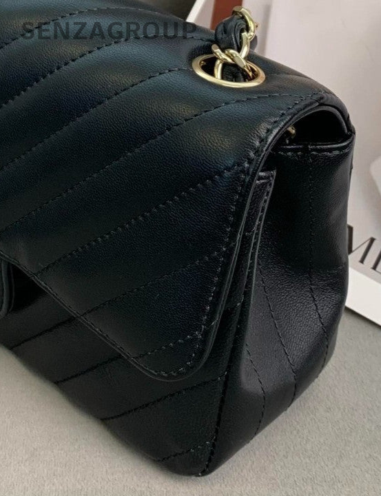 Chanel Classic Flap Mini Lambskin Chain Shoulder Bag Black Gold Used Women