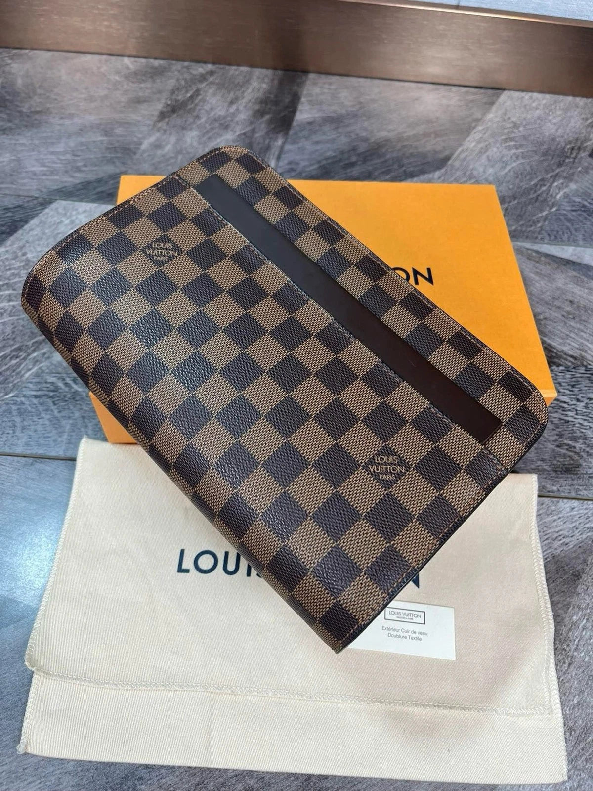 Louis Vuitton Brown Canvas Damier Clutch Handbag For Women