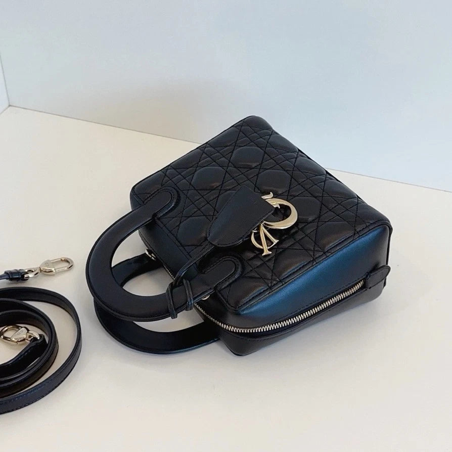 Christian Dior Lily Cannage 2-Way Black Top Handle Bag Crossbody Gold Hardware